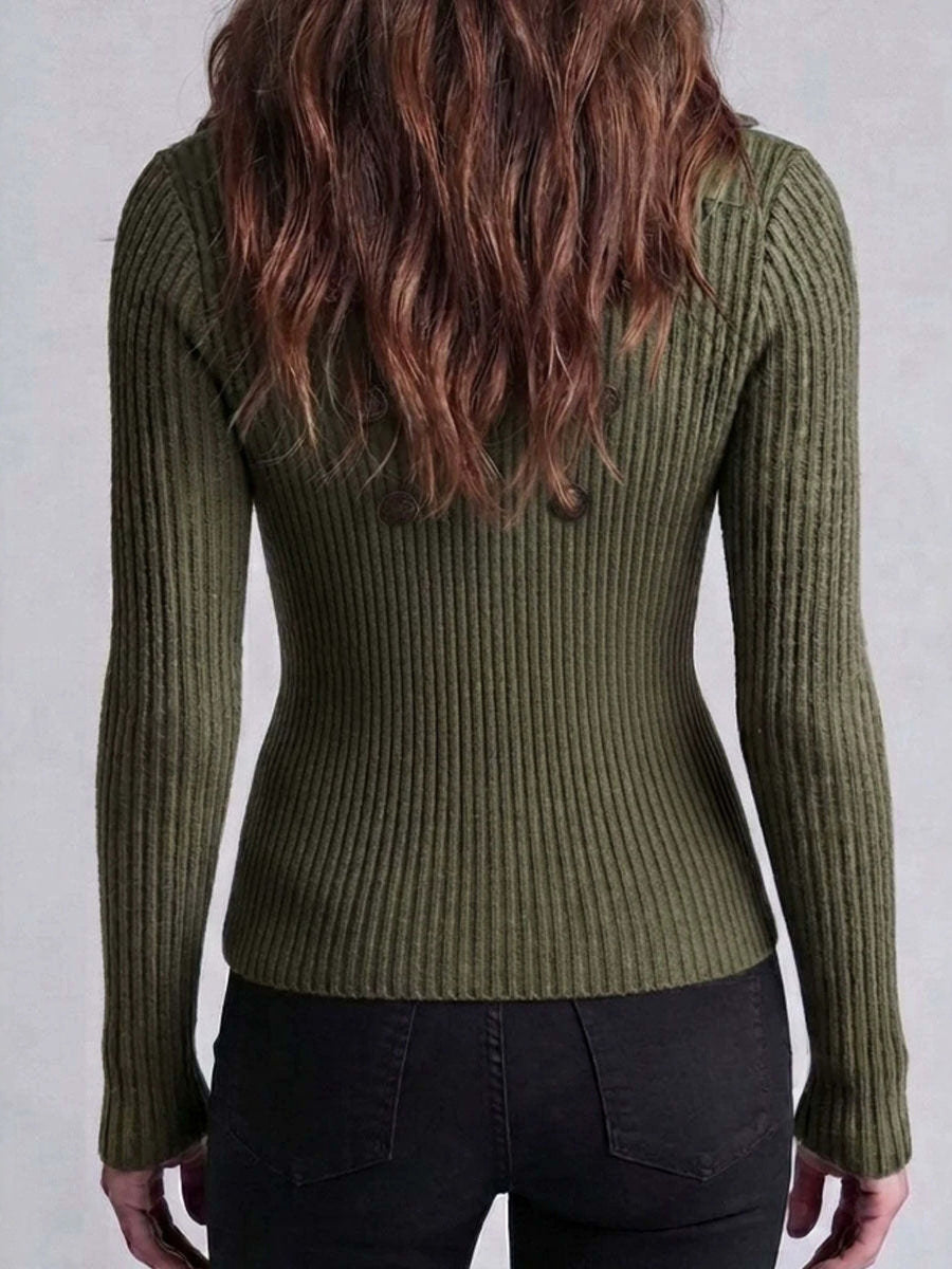 Army Green cardigan with hip-length and zip-front