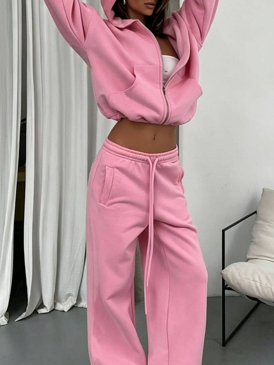 Casual Zip-Up Hoodie And Wide-Leg Sweatpants Set in Yellow
