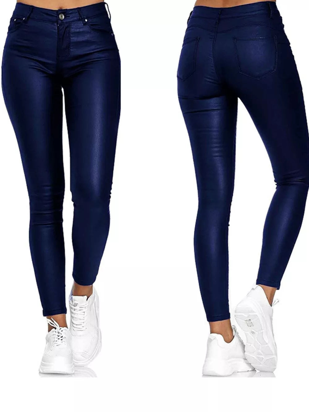 Blue high-waisted faux-leather skinny pants with a button and zipper closure.