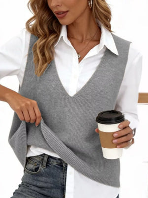 Chic V-neck Sleeveless Knit Sweater Vest Plus Size in White