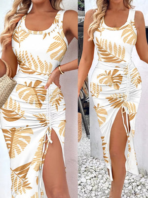 White Tie Dye ruched midi dress with gold leaf print and thigh slit