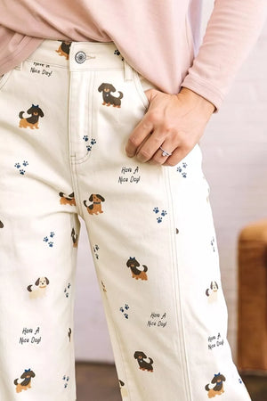 White with Abstract Dog Print Wide Leg Jeans