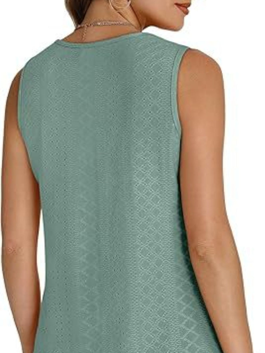 Sleeveless V-neck tank top in light blue with an allover eyelet pattern.