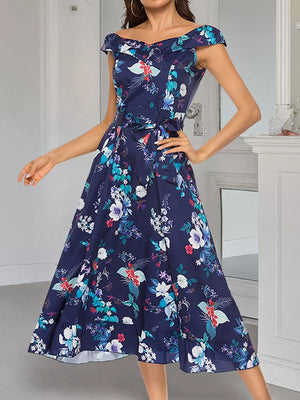 Floral off-shoulder midi dress with self-tie belt and ruffled hem
