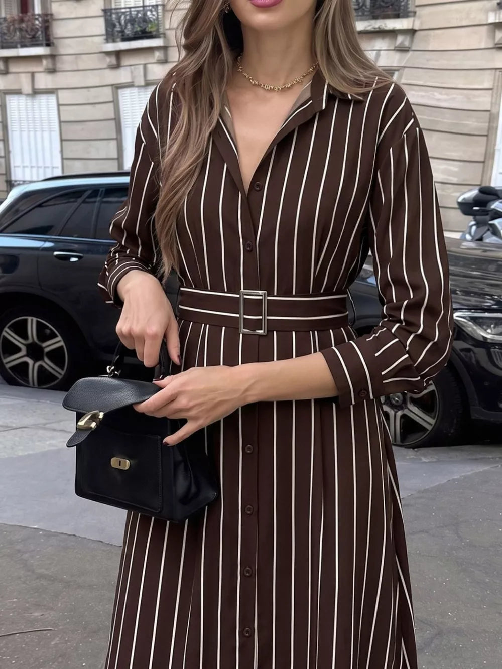 96% polyester, 4% elastane Care instructions: Machine wash cold shirt dress in Brown with relaxed silhouette