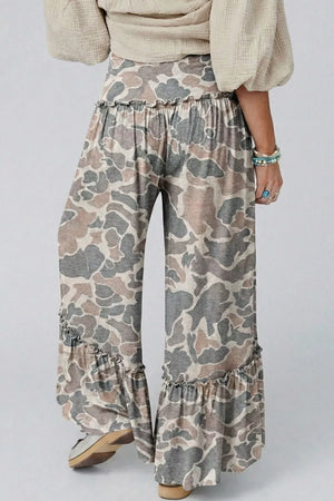 Camo ruffle hem wide-leg maternity pants with drawstring waist.