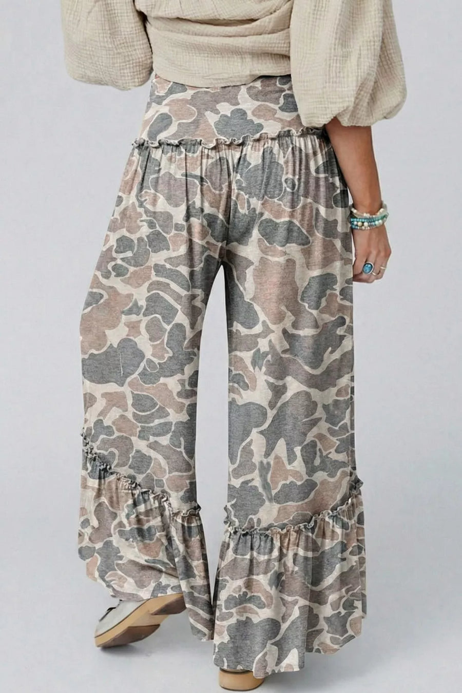 Camo ruffle hem wide-leg maternity pants with drawstring waist.