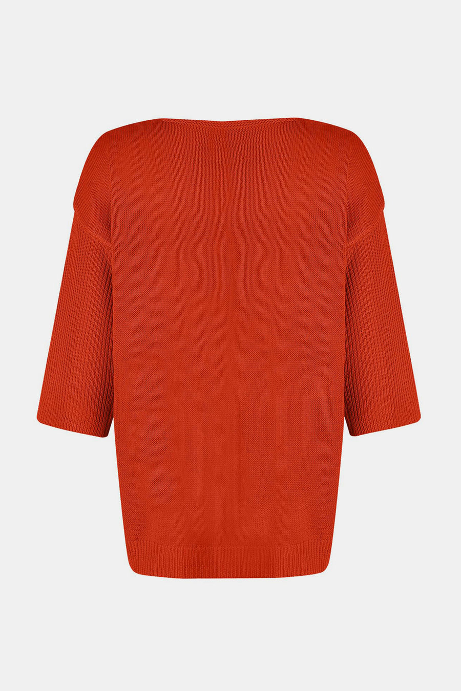 Orange knit sweater with flared sleeves and V-neck.