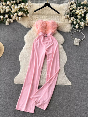 Pink feather trim strapless wide-leg jumpsuit with belt detail