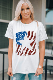 White round neck t-shirt with distressed American flag graphic and white star.