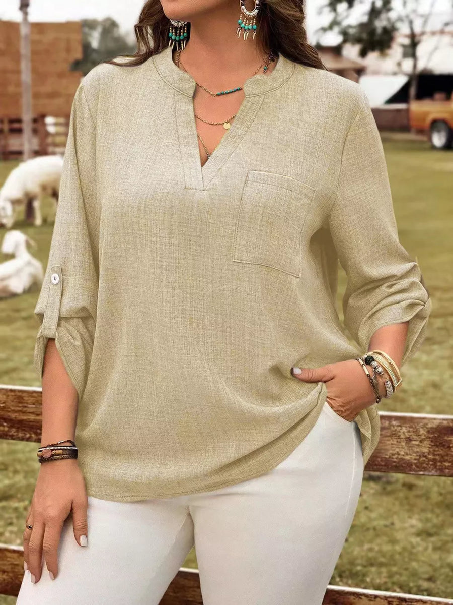 Wine Red blouse with notched neckline and rolled sleeve