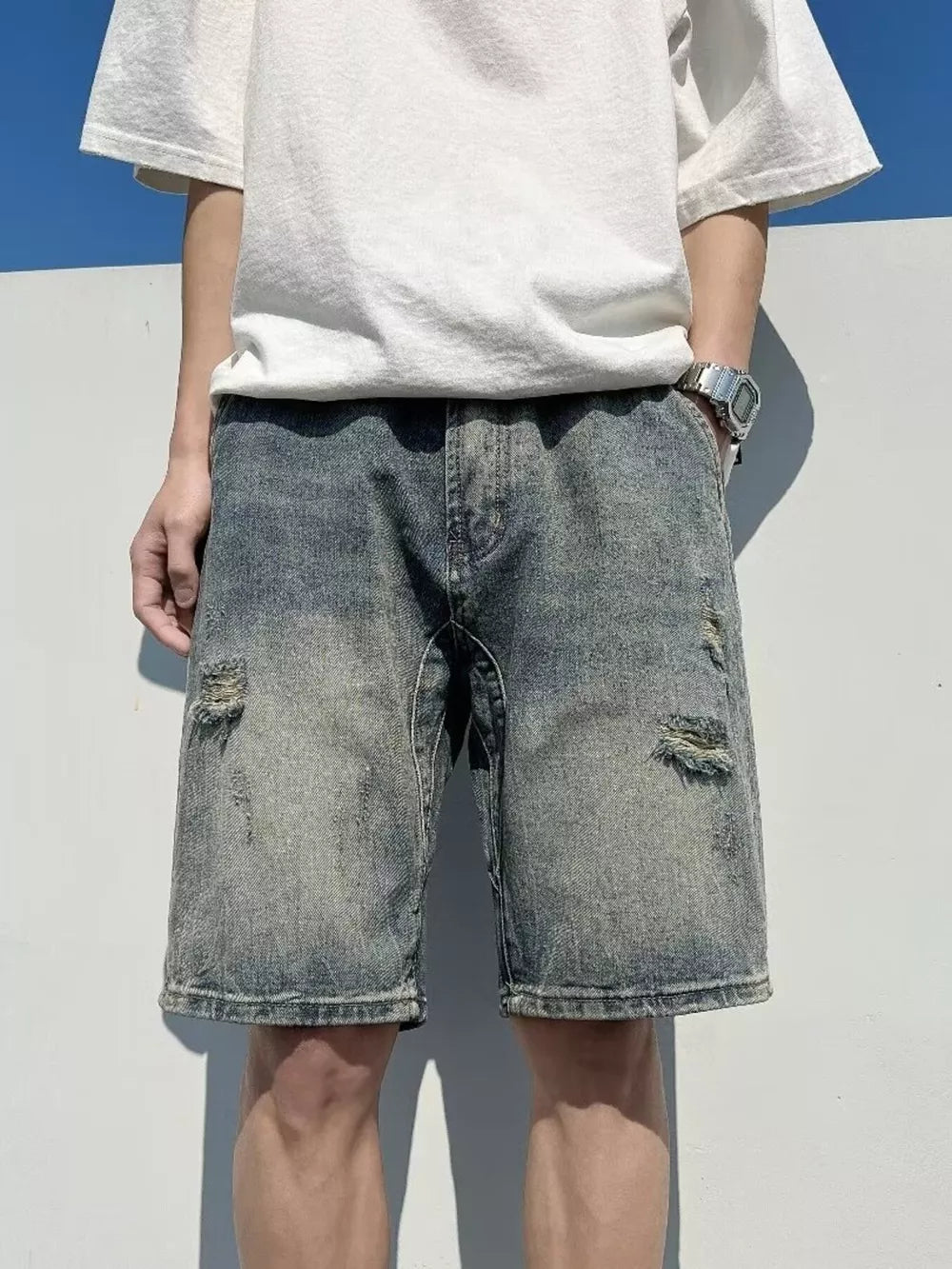 Men's Full Size Distressed Denim Shorts in Light