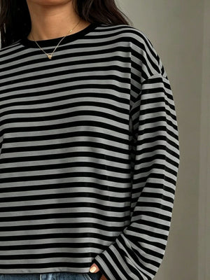 slate gray t-shirt featuring stretch and striped