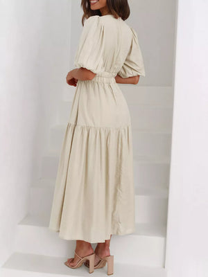 Hot Pink Elegant Puff Sleeve V-neck Midi Dress