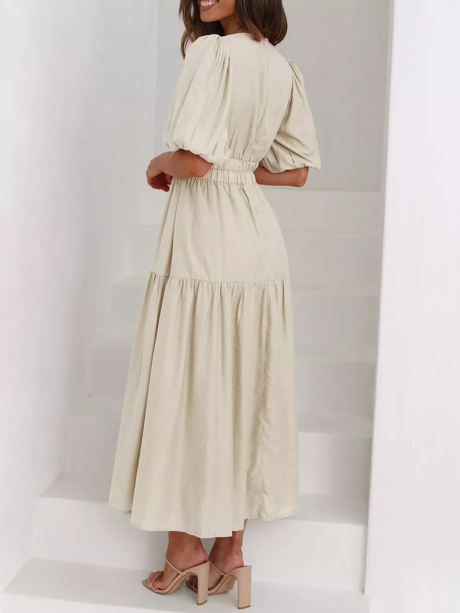 Hot Pink Elegant Puff Sleeve V-neck Midi Dress