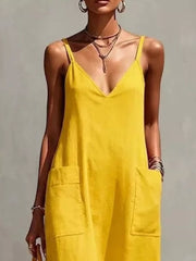 Full Size Fringe V-neck Spaghetti Strap Dress in Black with pocketed
