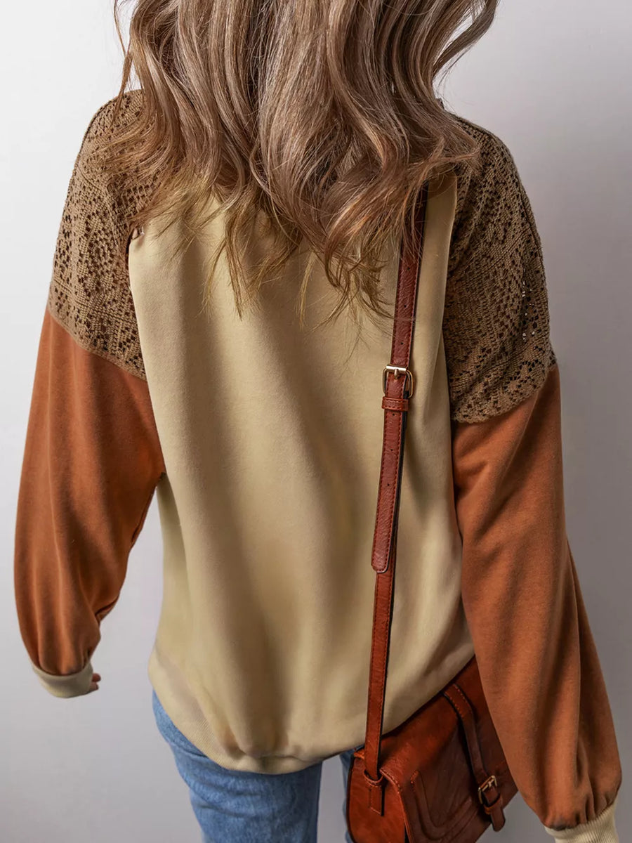 Tan with Lace Patchwork Colorblock Sweatshirt