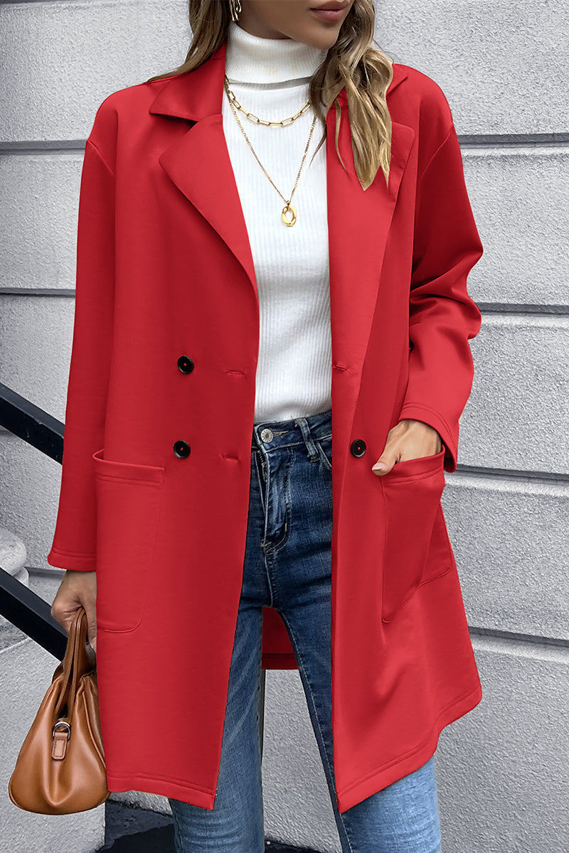 Red double-breasted soft-drape blazer coat with pockets and black buttons.