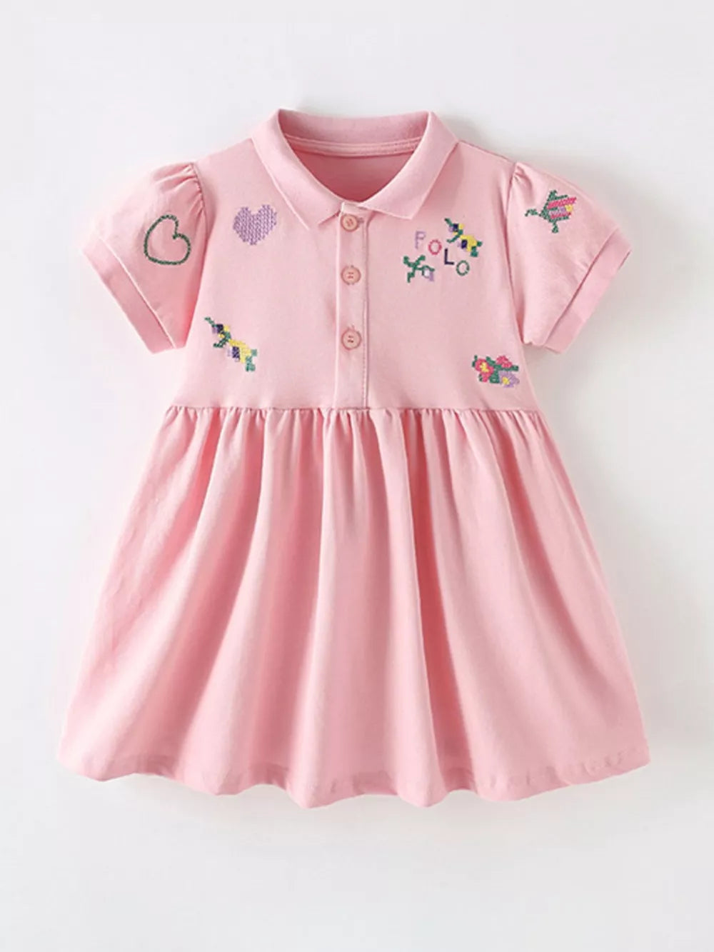 Pink cotton blend baby dress with embroidered details and polo collar.