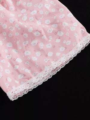 Pink floral print cotton nightgown with white lace trim