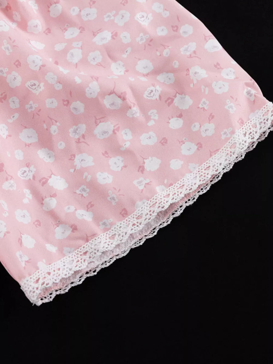 Pink floral print cotton nightgown with white lace trim