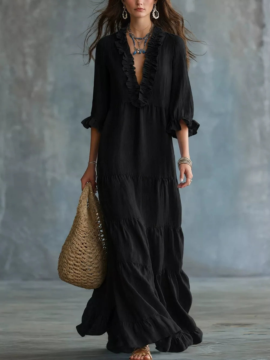 Khaki maxi dress with ruched and 3/4 sleeve