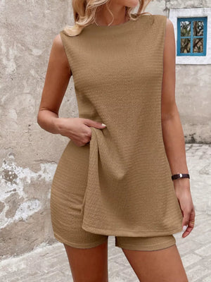 Khaki textured tank top and shorts set with crew neck and sleeveless design.