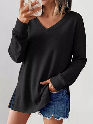 black t-shirt with waffle knit and v-neck
