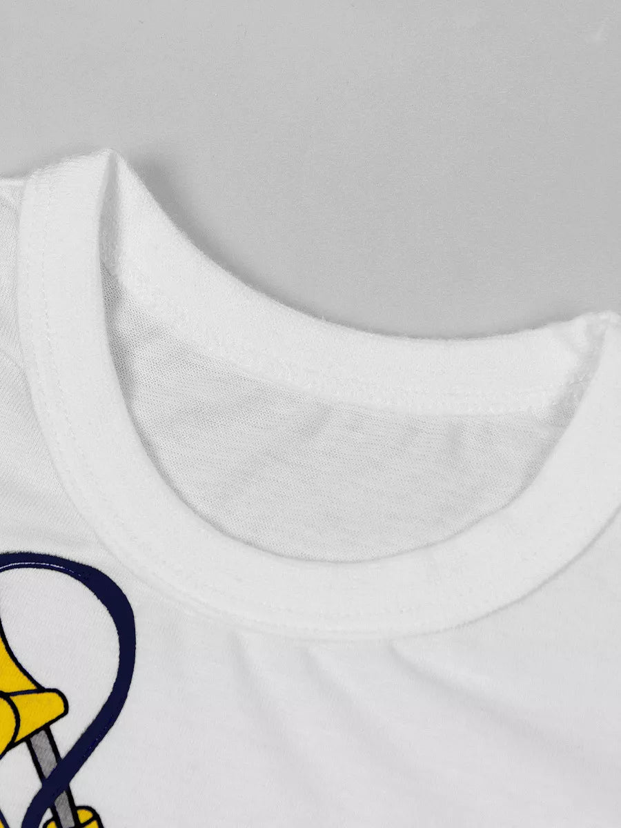 White cotton t-shirt with crew neck and embroidered graphic detail.