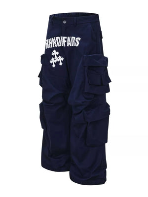 Navy blue cargo pants with white graphic design and multiple pockets.