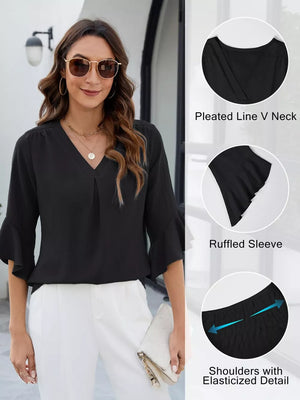Black V-neck blouse with ruffled sleeves and elasticized shoulder detail.
