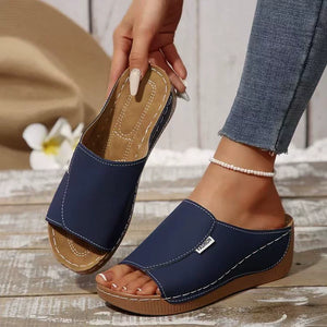 Blue casual open-toe wedge sandals with white stitching and a "Fashion" tag.