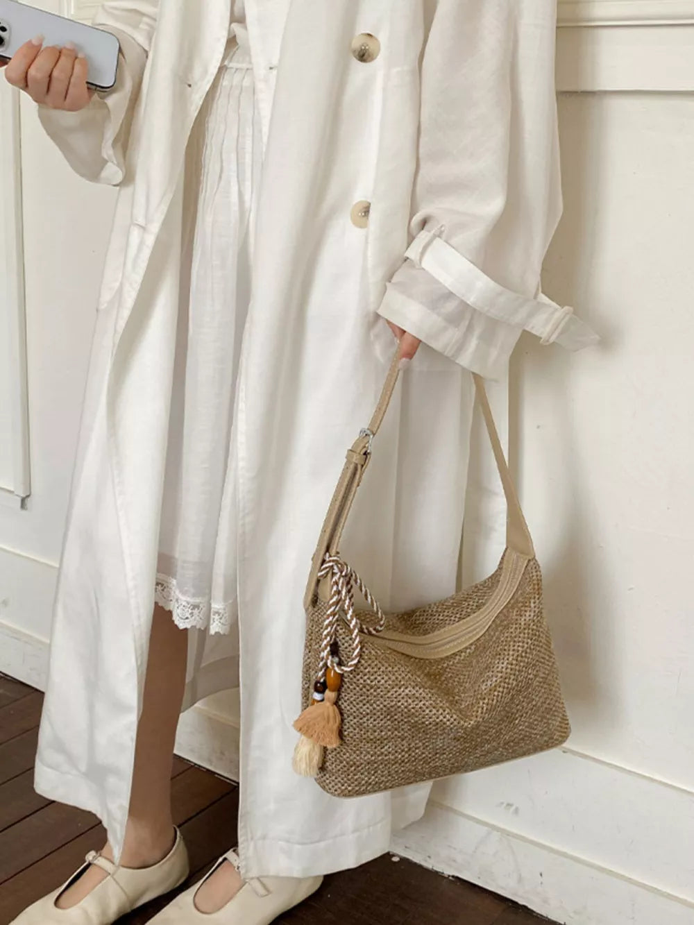 Woven Small Shoulder Bag With Tassel in beige with tassel detail