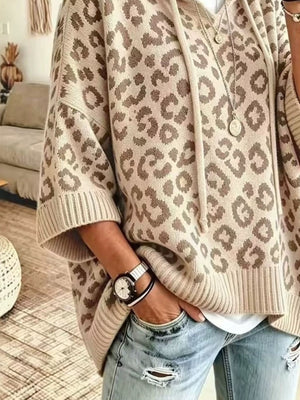 brown pullover hoodie featuring drawstring and leopard