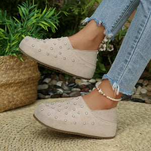Polyester, Rubber, Rhinestone Imported Size &amp slip-ons in light beige with flats silhouette