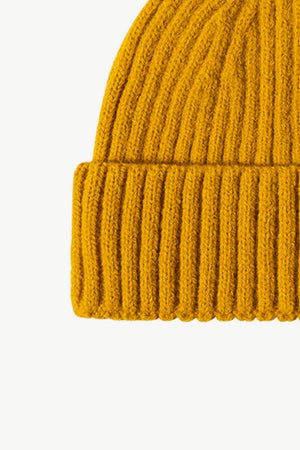 Mustard chunky ribbed knit beanie with folded brim