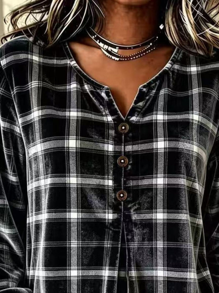 blouse featuring plaid in Black with 100% polyester Care instructions: Machine wash cold texture