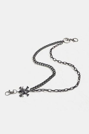 Black alloy wallet chain with skull and crossbones charm and lobster clasps.