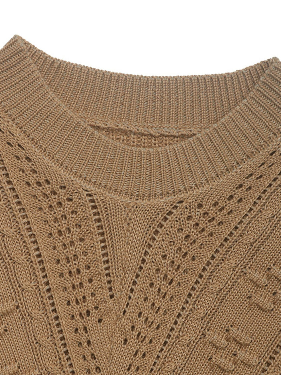 Camel textured chevron knit pullover sweater with open knit details and crew neck.