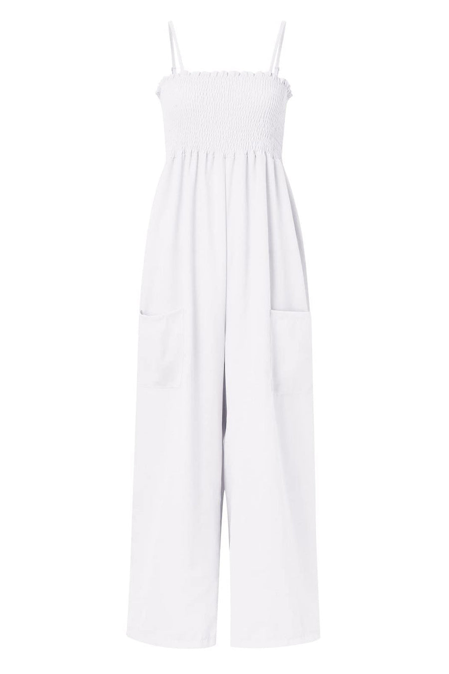 White smocked bodice palazzo jumpsuit with wide legs and side pockets.