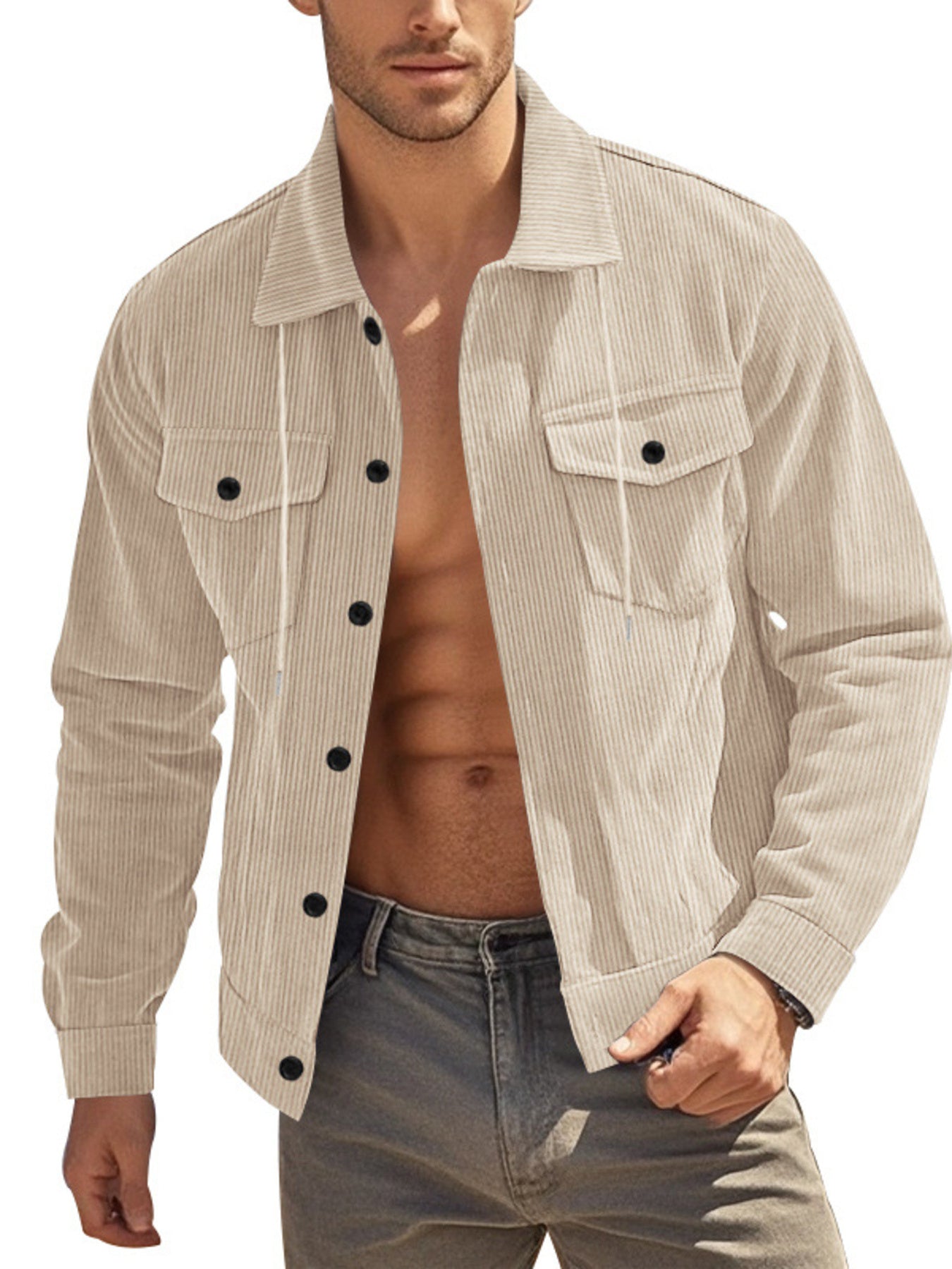 Men's beige corduroy jacket with button-down front and chest pockets