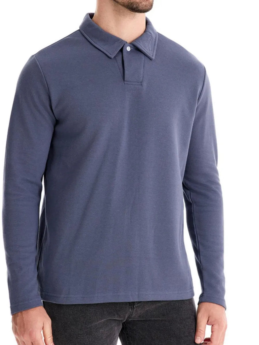 Essential long sleeve polo shirt in Dusty Blue with a classic collar detail.