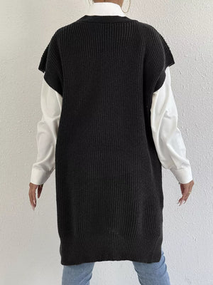 Embroidered Bow V-neck Sweater Vest in Coffee with ribbed
