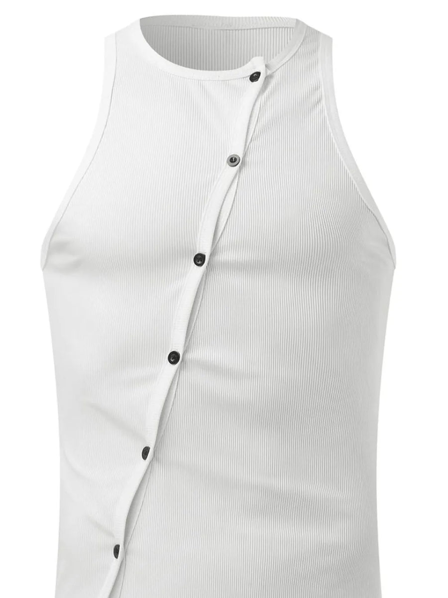 White ribbed tank top with asymmetric button-up detail