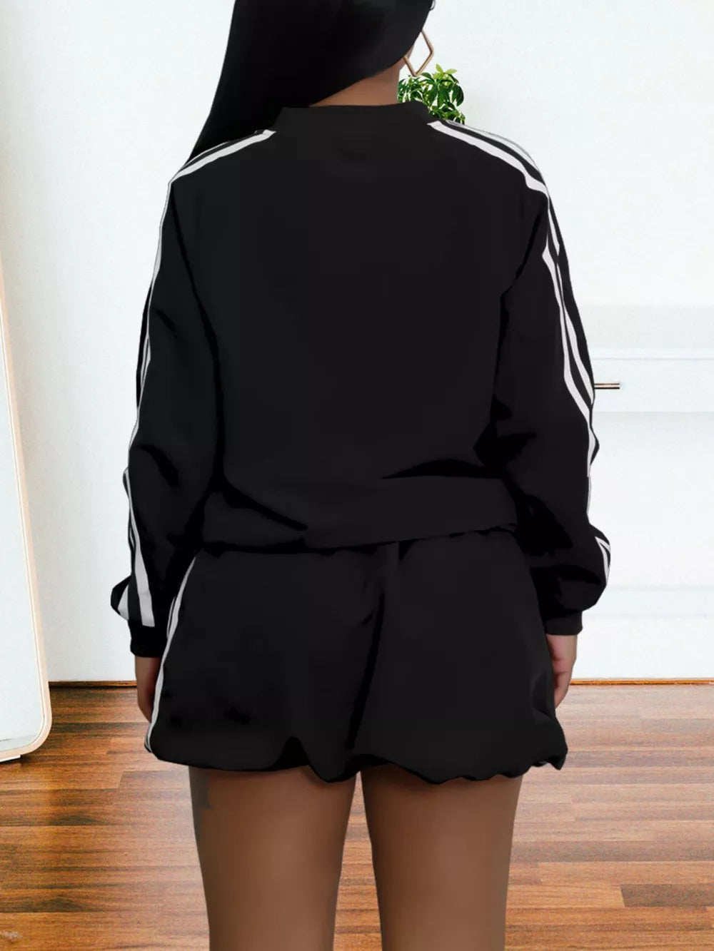 Royal Blue Striped Zip Up Outerwear And Shorts Set