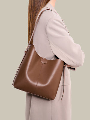 Minimalist PU Leather Bucket Shoulder Bag in Brown with adjustable strap