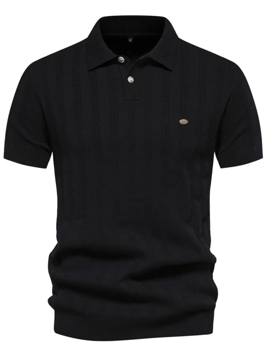 Black ribbed knit polo shirt with vertical texture detail and two-button placket.