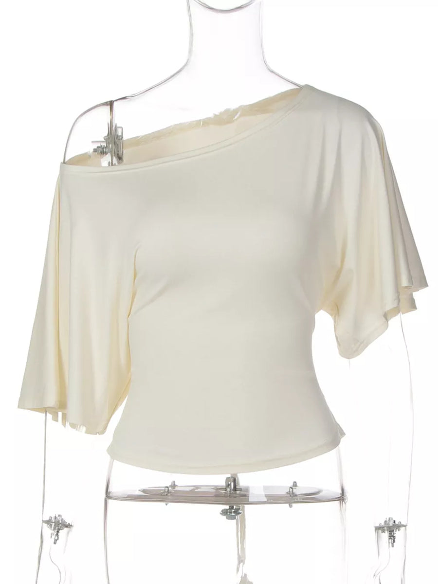 Apricot draped tie-front short sleeve t-shirt with asymmetrical neckline
