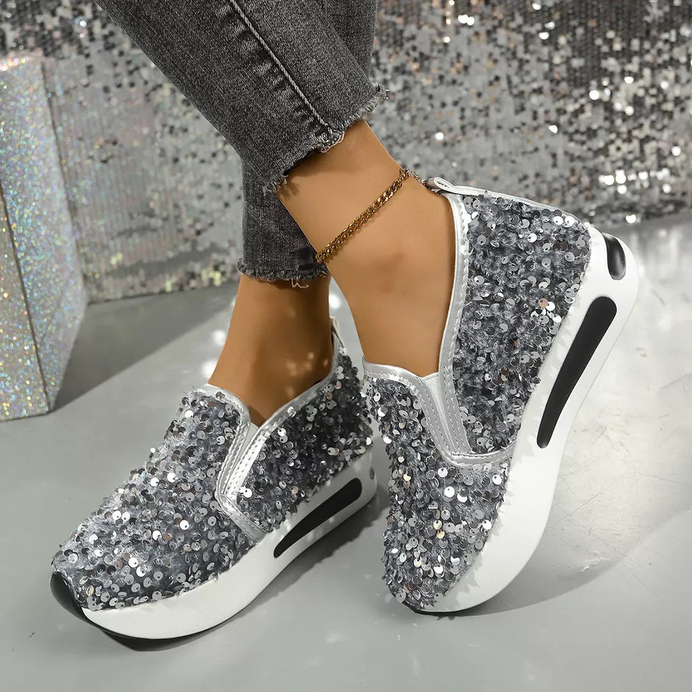 Glamorous sequin slip-on shoes in grey with a white platform sole.