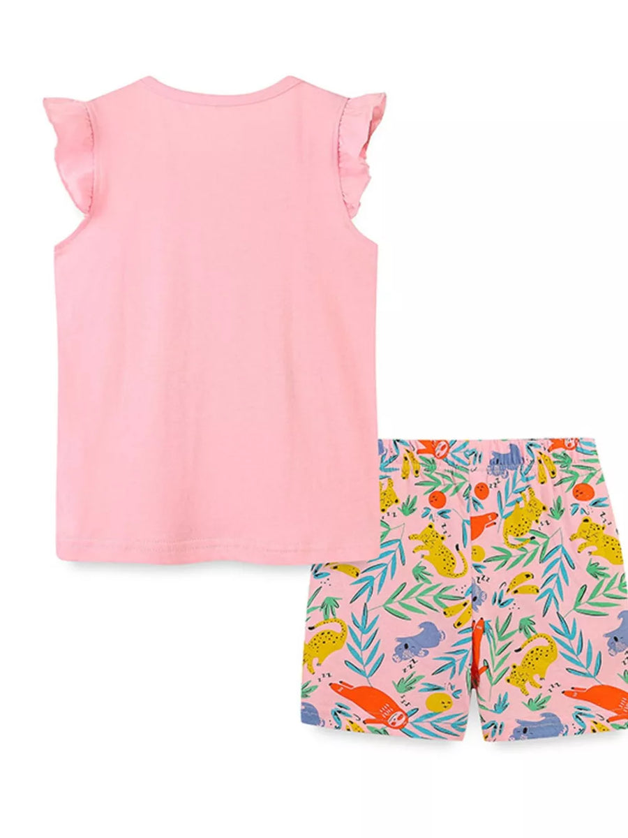 Toddler pink top with ruffle cap sleeves and animal print shorts